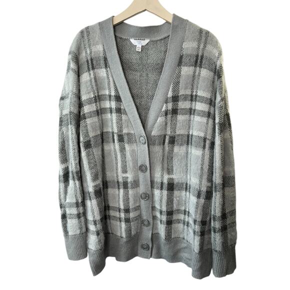 Gray Plaid V-Neck Over-Sized Cardigan Sweater Women's Large 12-14 - Picture 1 of 5